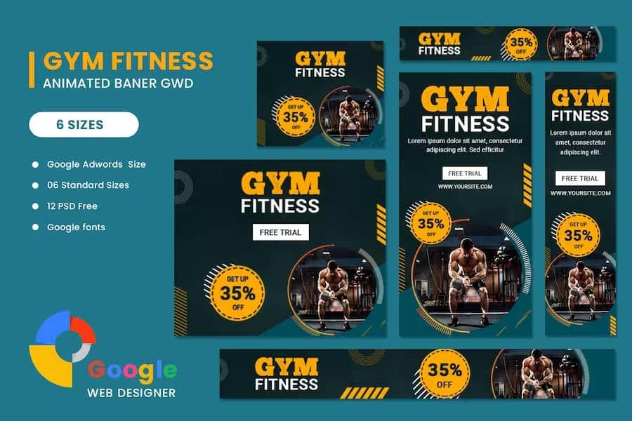 GYM FITNESS GOOGLE ADWORDS HTML5 BANNER ADS GWD